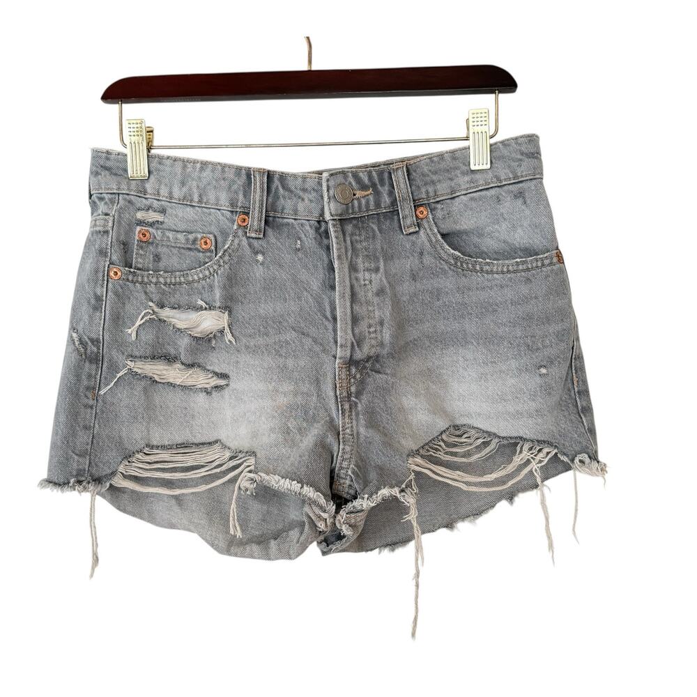 Zara Gray Light Wash Super Distressed Denim Cutoff Frayed Shorts Festival Y2K
